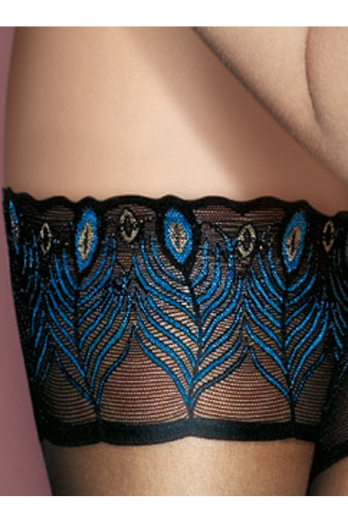 Black lace top hold up with blue embroidery on a person's leg.