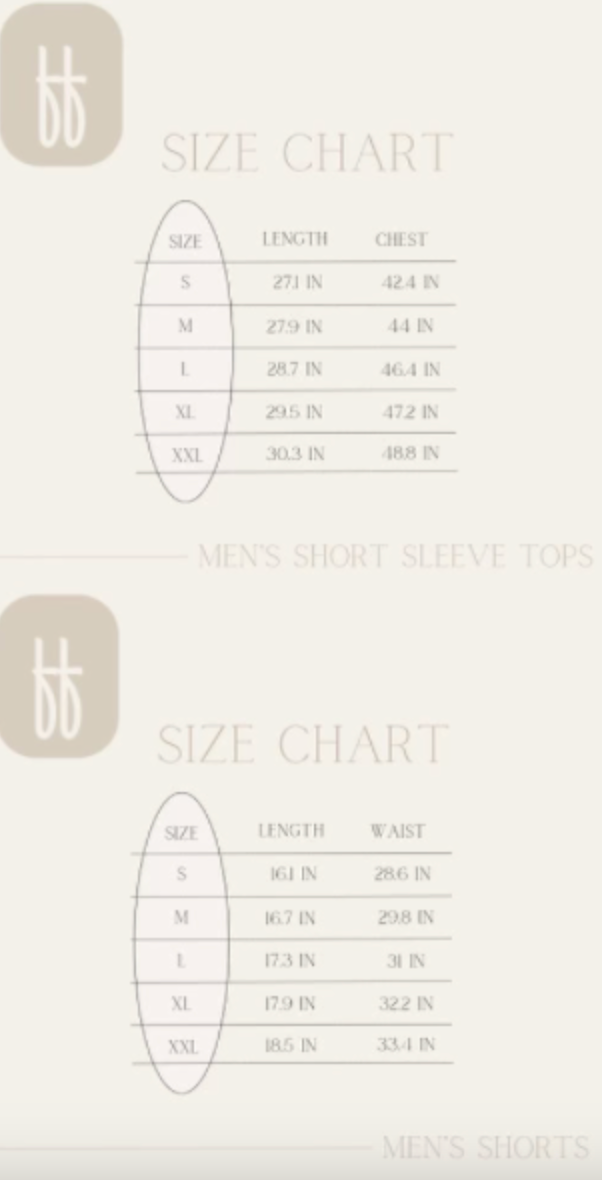 A size chart for men's short sleeve tops and shorts made from bamboo material is available for the Adult Bamboo Short Pajamas | Arm Day by forever french baby. The shirt sizes range from S to XXL, featuring corresponding lengths and chest measurements. The shorts sizes also span from S to XXL, with detailed lengths and waist measurements presented alongside a dumbbell weights graphic.