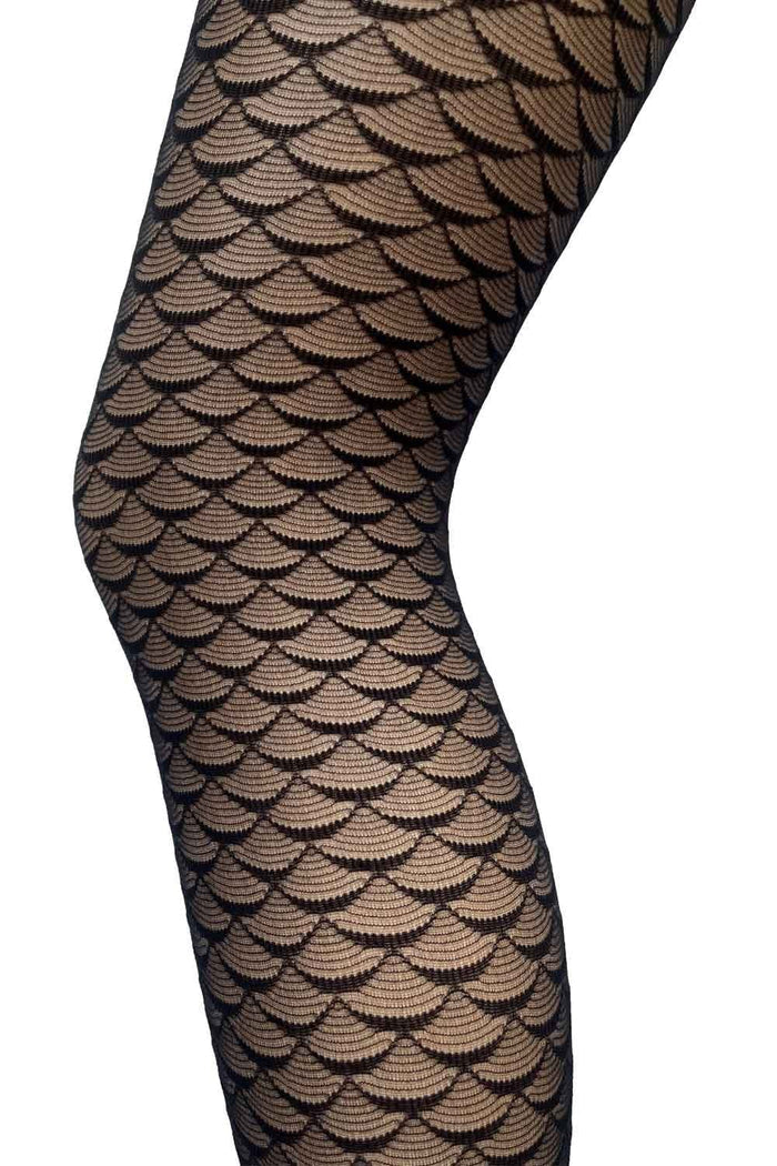 Black mermaid patterned tights on a white background