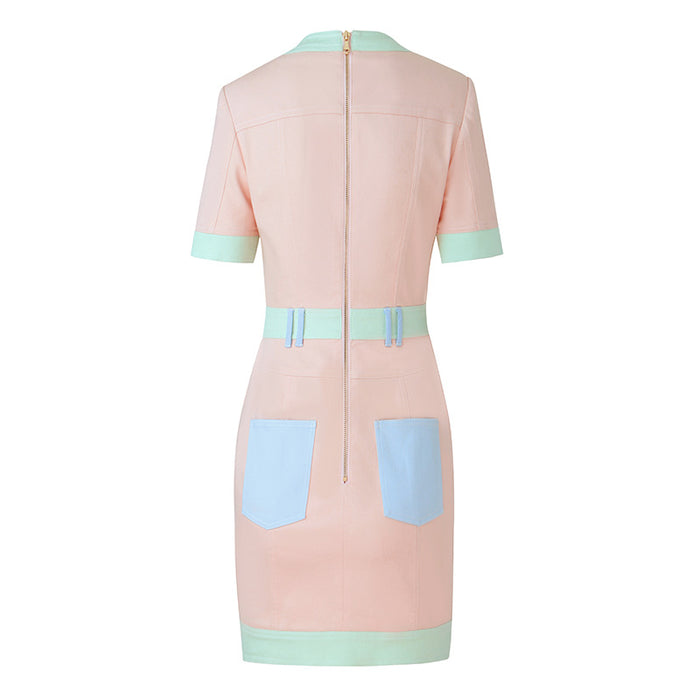 Mid Length Dress High Waist Denim Stitching Contrast Color Elegant Dress High Grade Women Clothing