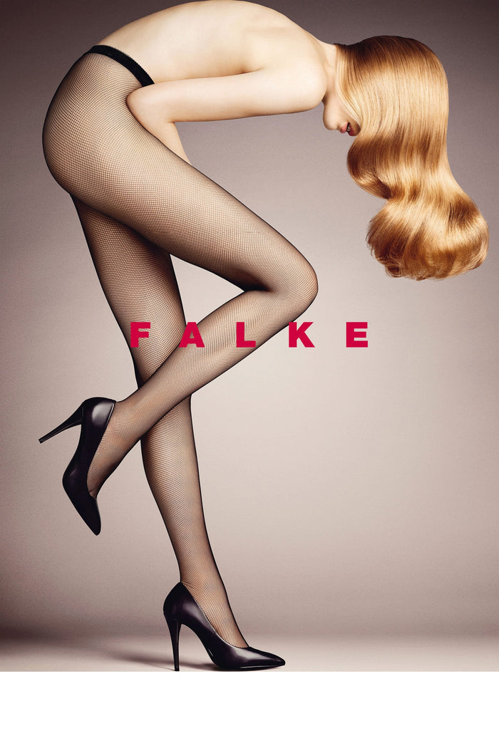 Model wearing Falke tights and high heels with the brand name displayed.