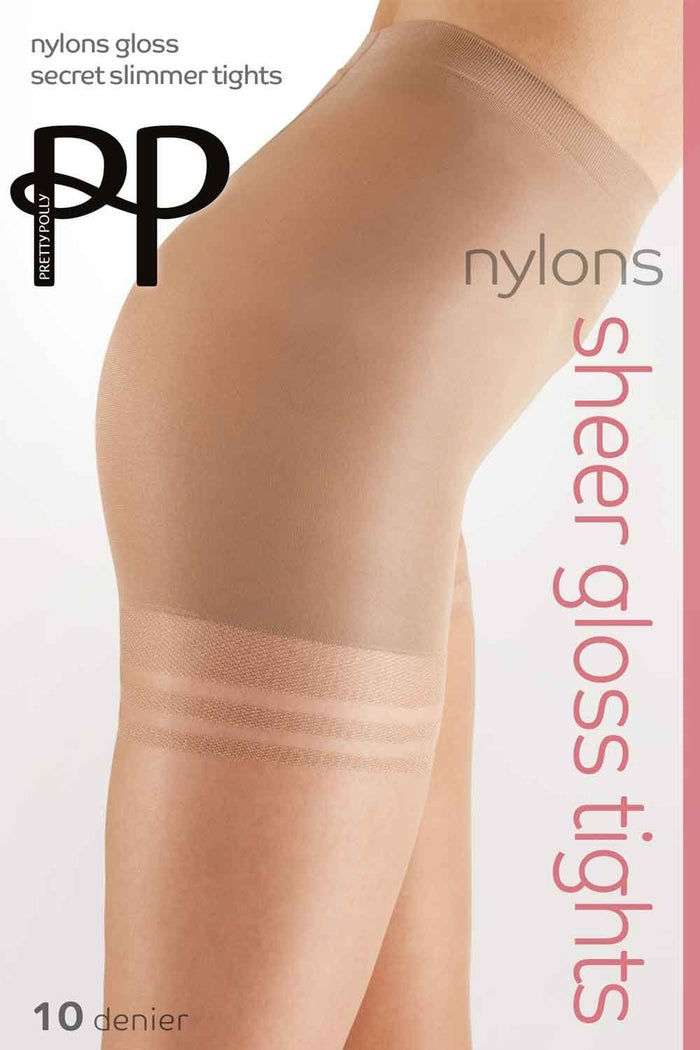Sheer gloss nude tights with brand logo and text on a white background