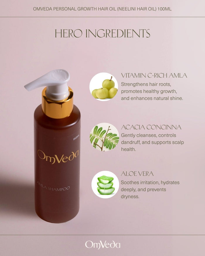 OmVeda amla shampoo bottle with pump and hero ingredient callouts