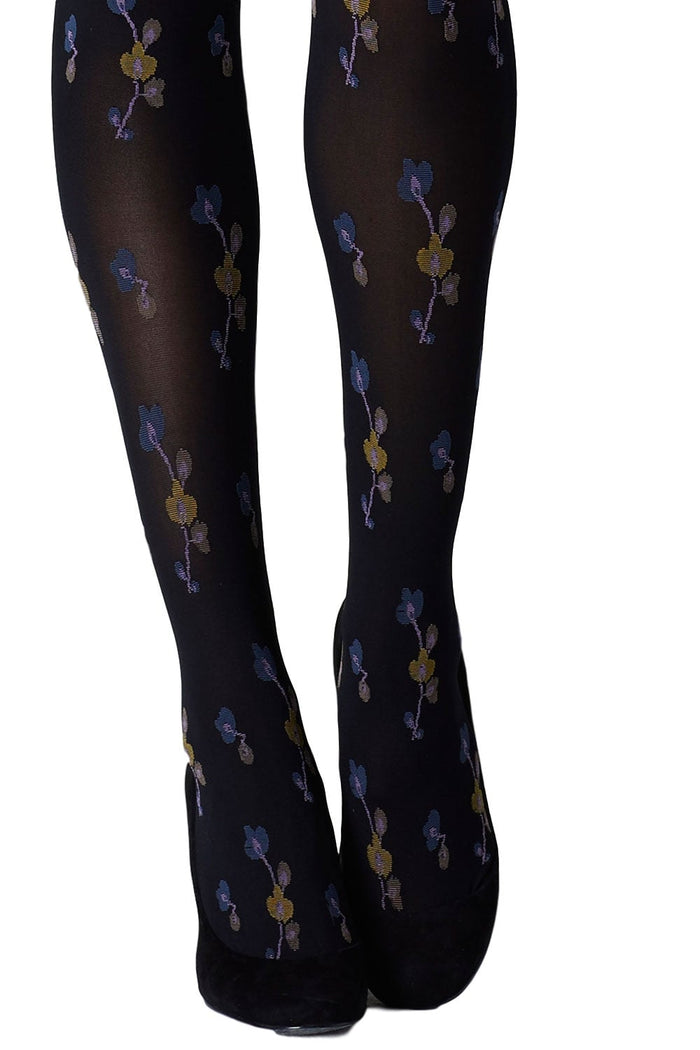 Black tights with floral pattern on a white background