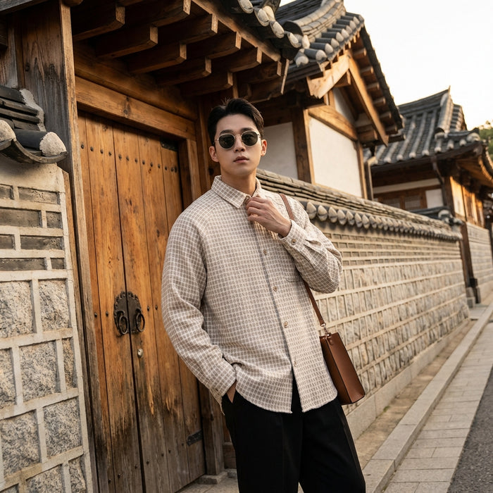Chemise oversize à carreaux beige - Mode coréenne décontractée