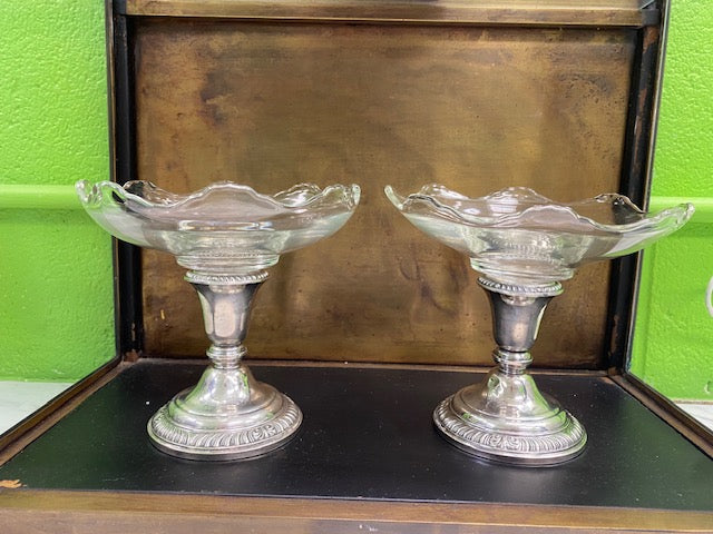 Pair of Frank Whiting Sterling Candlesticks with Glass Compotes.