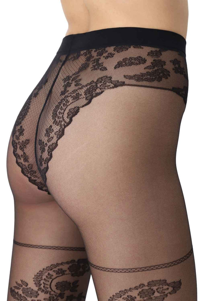 Black paisley floral patterned tights on a white background