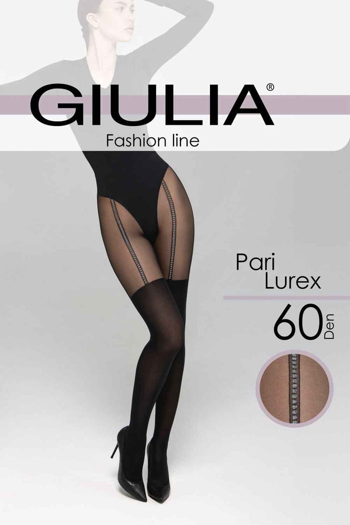 Black lurex suspender tights worn by a model, branded as Giulia on a white background.