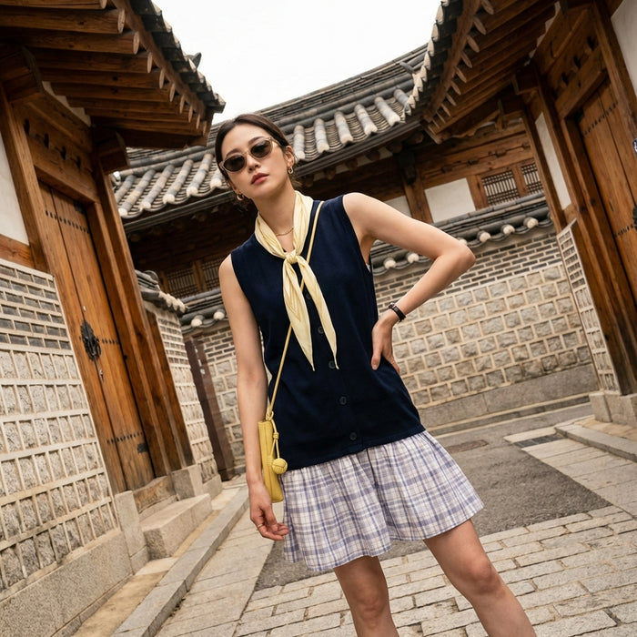 Robe midi plissée bleue col volanté - Mode Coréenne Koreanxwear