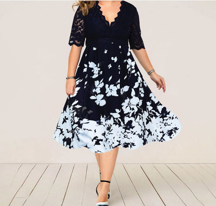 Plus Size Dress Printed V-neck Lace Stitching Banquet Party Women Clothing Dress