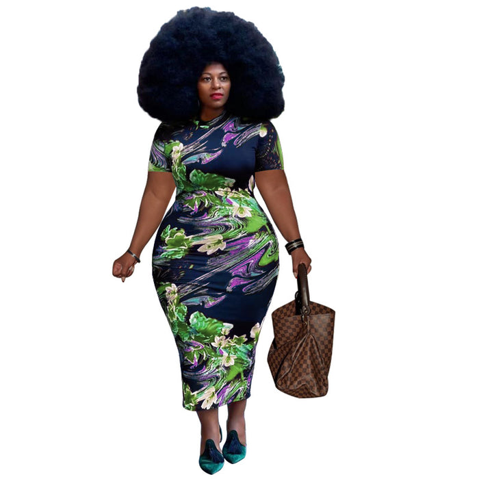 Plus Size Summer New Floral Printed Sexy Tight Dress