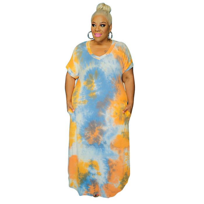 Plus Size Tie-Dye Printed Side Pocket V-neck Loose Women Dress