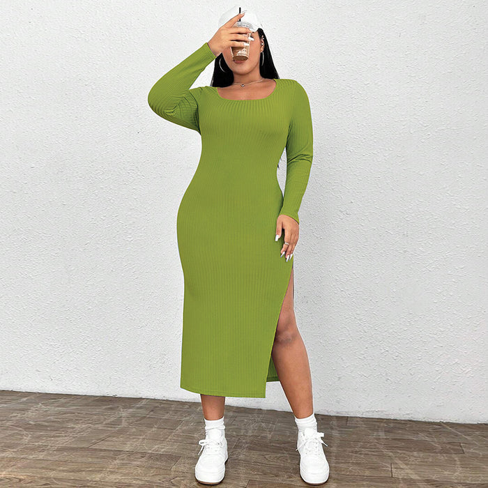 plus Size Women Clothes Autumn Winter Slim Hip Split Square Collar Knitted Long Sleeved Dress