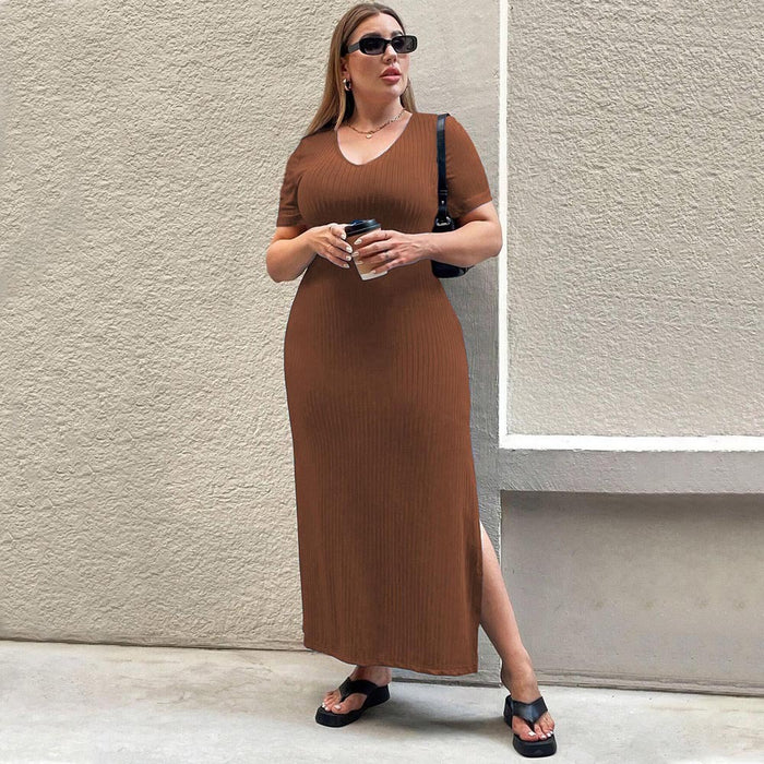 Plus Size Women Clothes Waist Controlled Split Short Sleeve Dress Sheath Dress