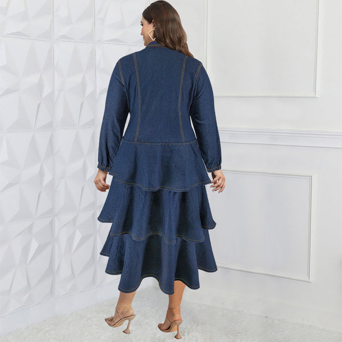 Plus Size Women Clothing Denim Long Sleeve Collared Cake Maxi Dress