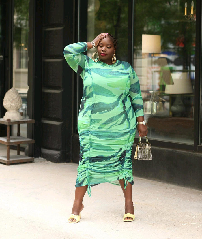 Plus Size Women Clothing Drawstring Printed Sexy Long Sleeve Dress