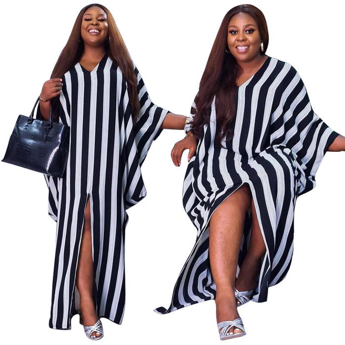 Plus Size Women Clothing Loose Girls Sexy Striped Irregular Asymmetric Dress
