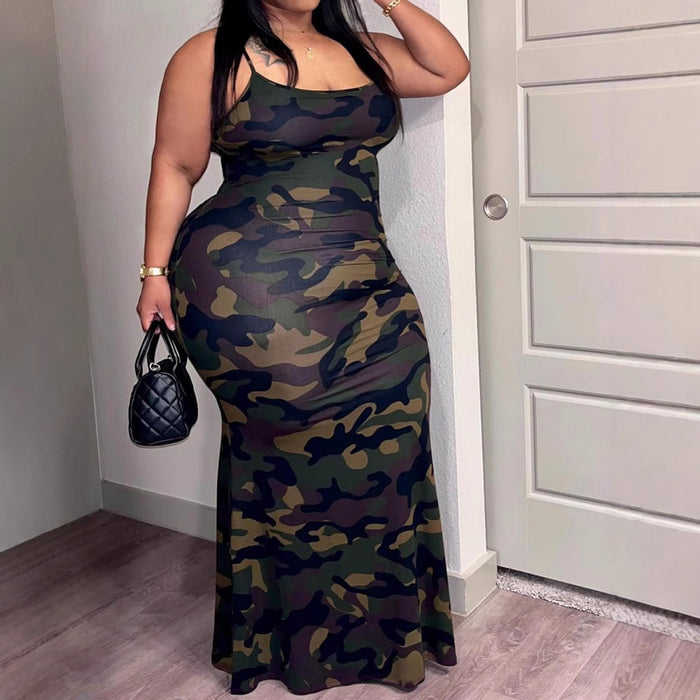 Plus Size Women Clothing Printed Sheath Spaghetti Strap Sling Dress