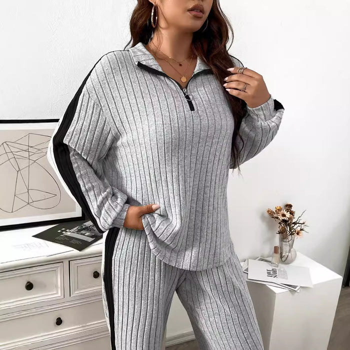 Plus Size Women Clothing Simple Comfortable Suit Autumn Winter Casual Loose Contrast Color Two Piece Set