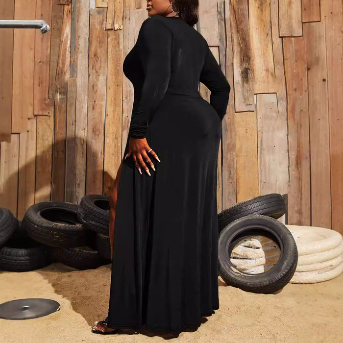 Plus Size Women Platform Waist Tight Sexy Slit V Neck Dress