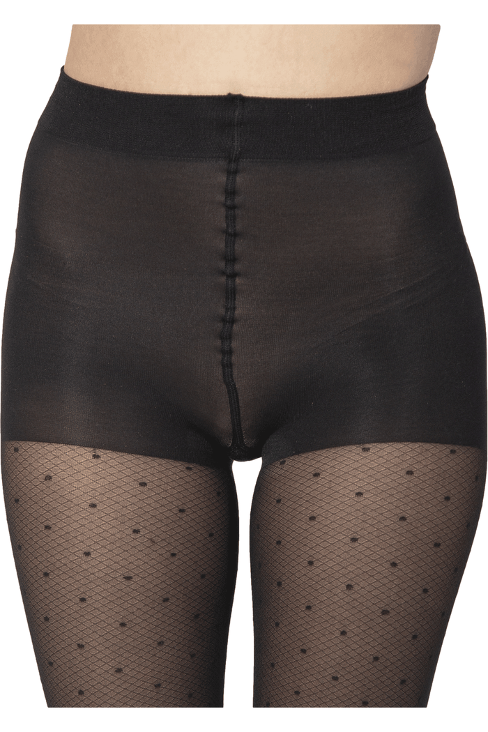 Black polka dot tights on a white background