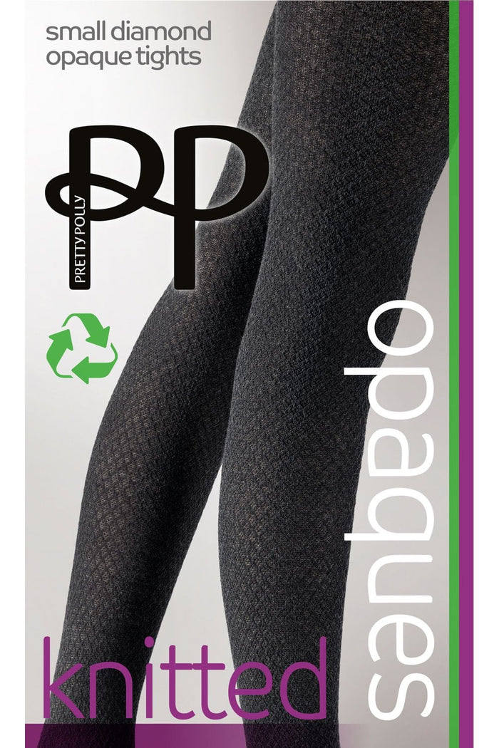 Opaque tights with small diamond pattern and packaging with 'Pretty Polly' branding on a white background