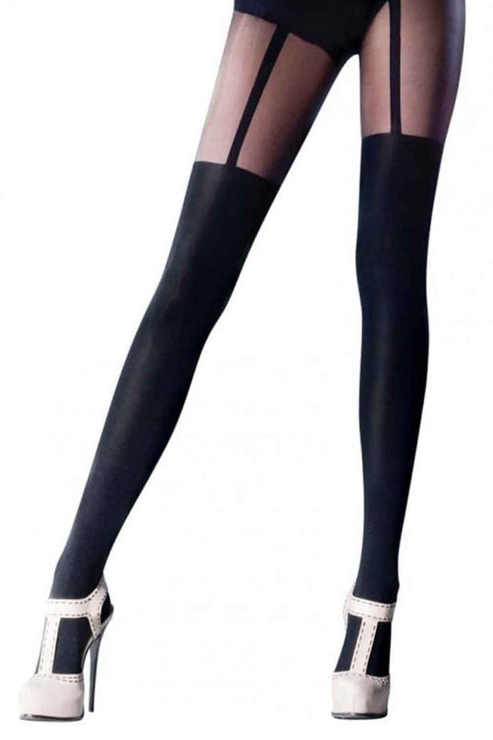 Black suspender tights worn by a person on a white background