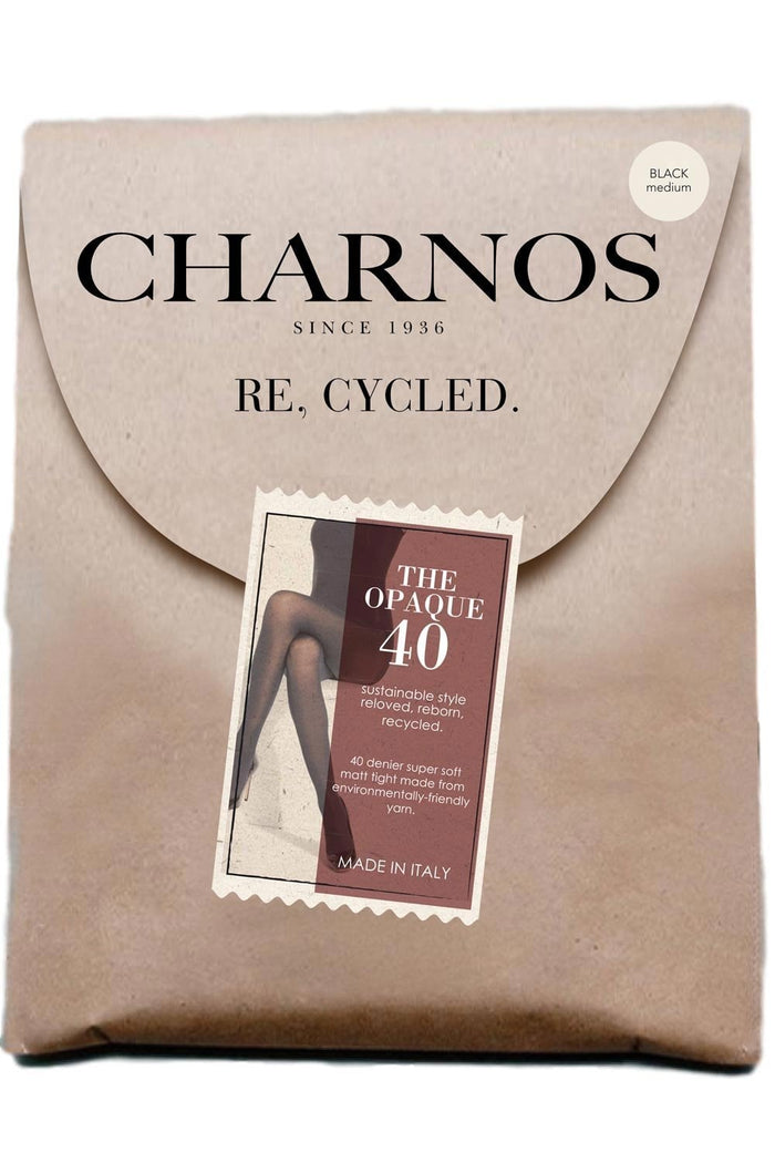 Charnos recycled 40 opaque tights packaging with a beige background