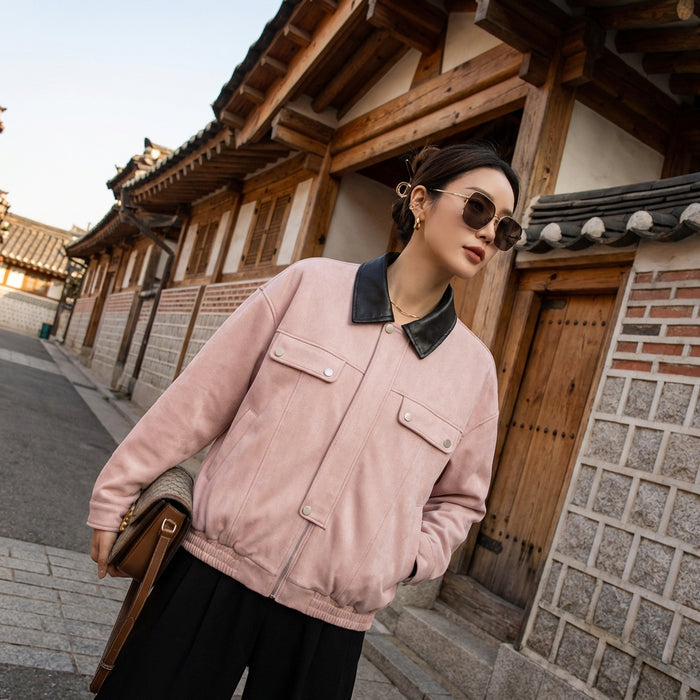 Veste col suède rétro mode coréenne, fermeture éclair, couleur noir ou rose. Vêtement streetwear unisexe.