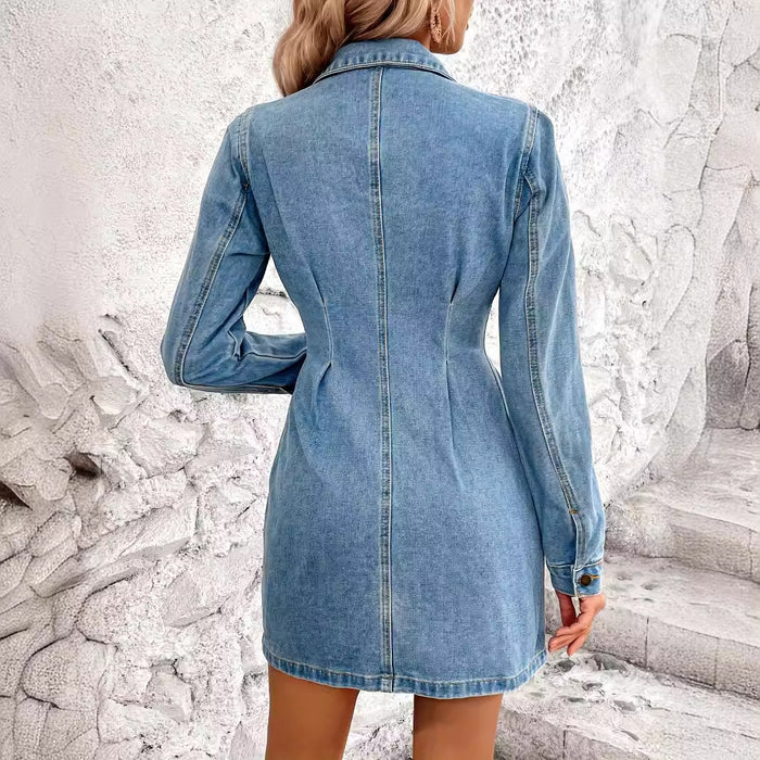 Retro Waist Controlled Slimming Long Sleeve Denim Dress