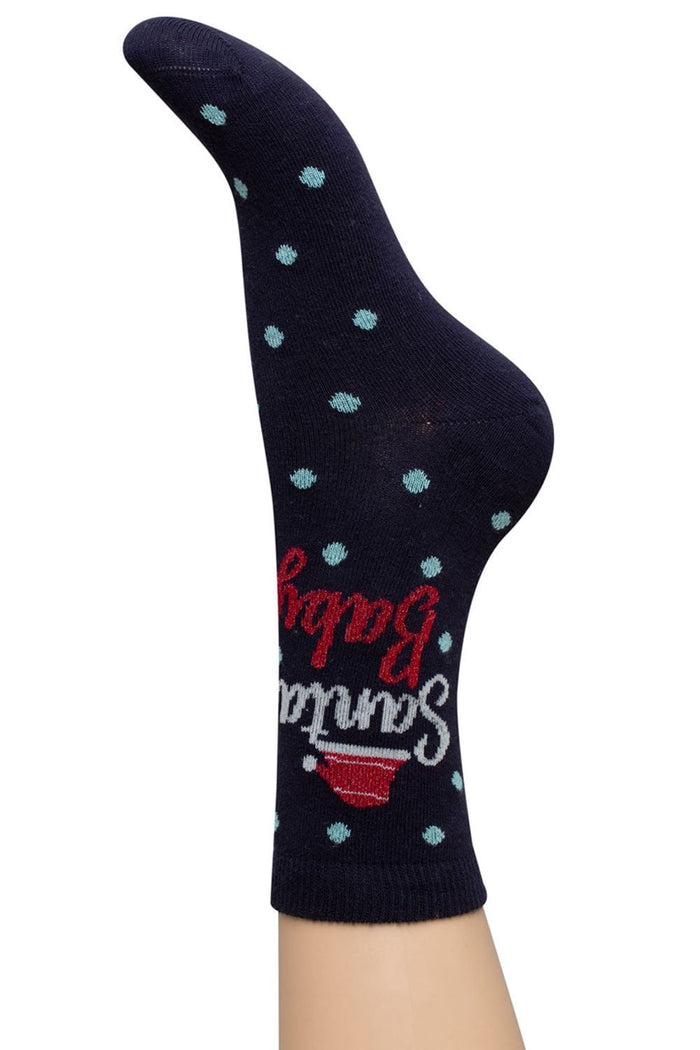 Navy sock with blue dots and colorful santa baby text on a white background