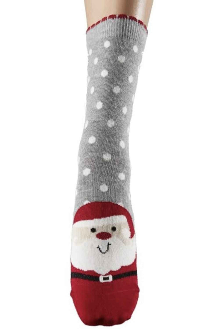 Gray sock with white polka dots and a red Santa Claus design on a white background