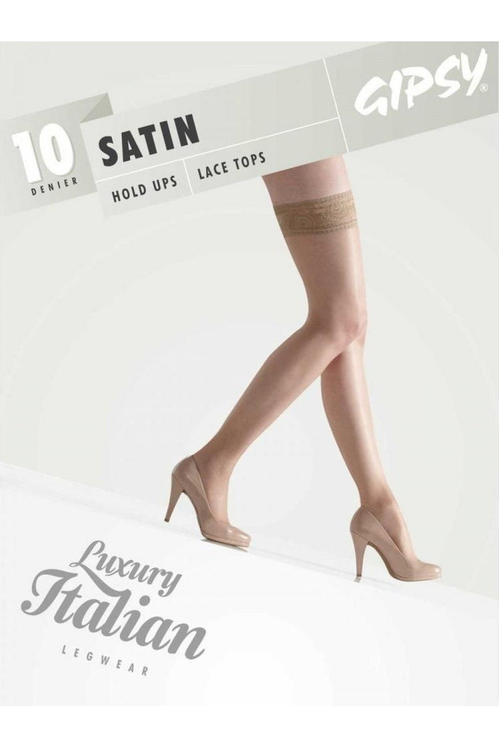 Legwear packaging with 'Luxury Italian Legwear' branding and a model wearing satin hold-ups.