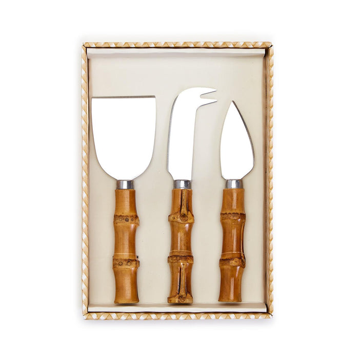 Set of 3 Natural Bamboo Handle Cheese Knives in Gift Box.