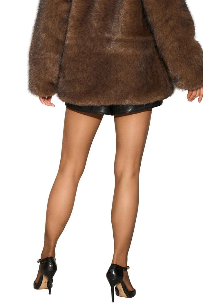 Brown coat with a model wearing sheer brown tights and black high heels on a white background