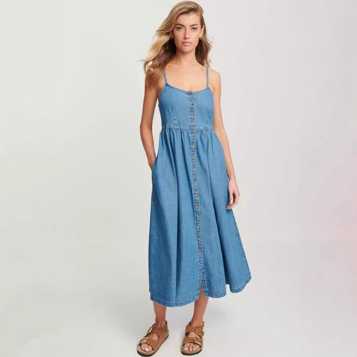 Spring Summer Office Suspenders Denim Women Dress