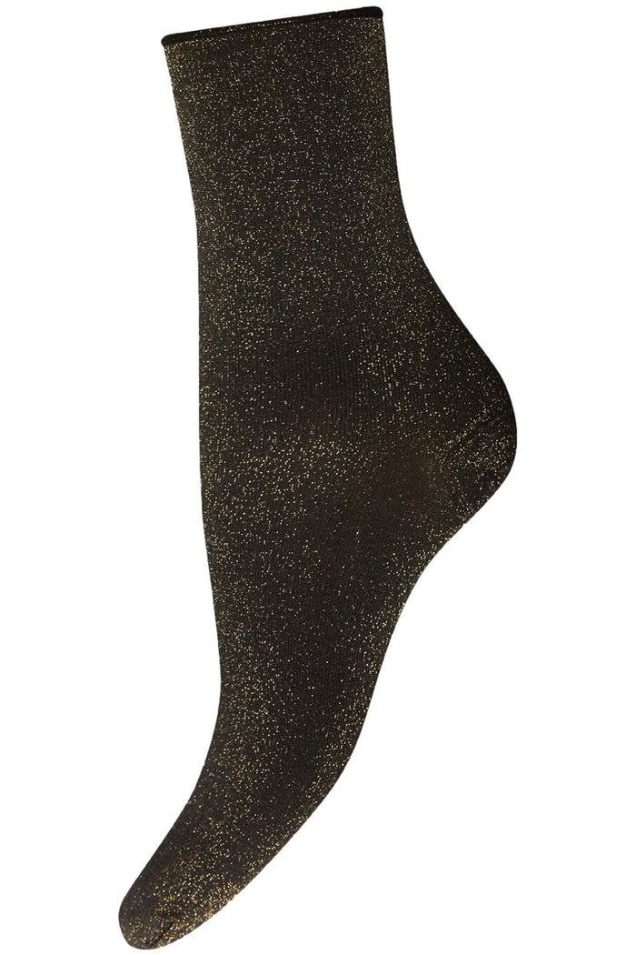 Black /gold glittery sock on a white background