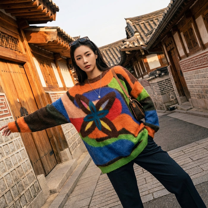 Pull oversize à rayures irrégulières multicolores pour femme - Koreanxwear