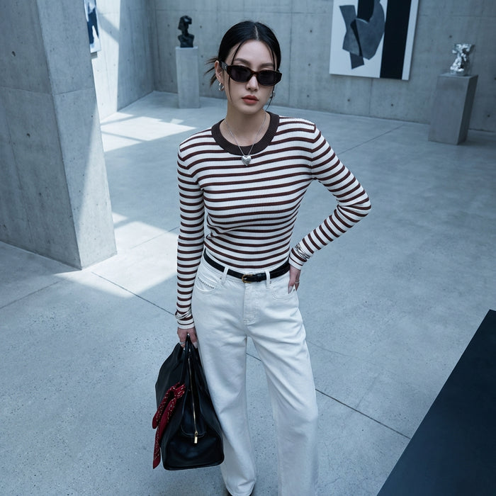 Pull rayé col rond color-block slim fit - Koreanxwear