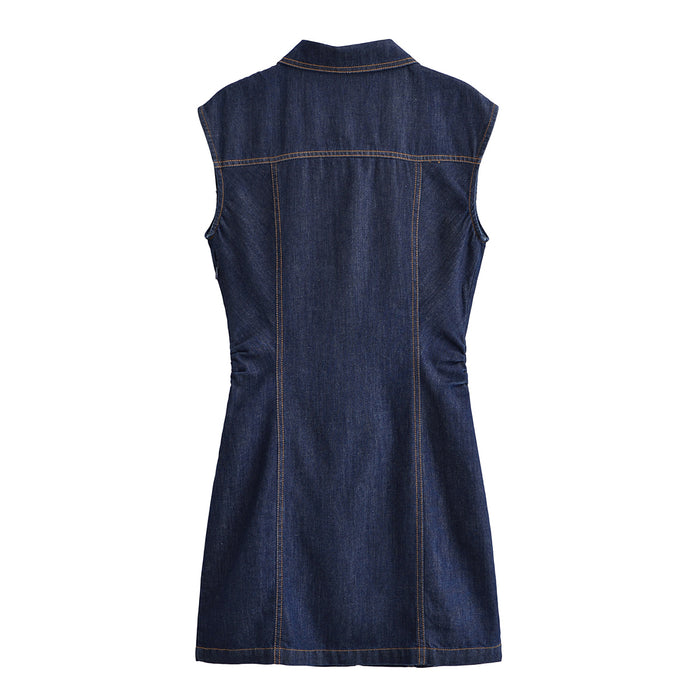 Summer Denim Mini Pleated Sleeveless Dress