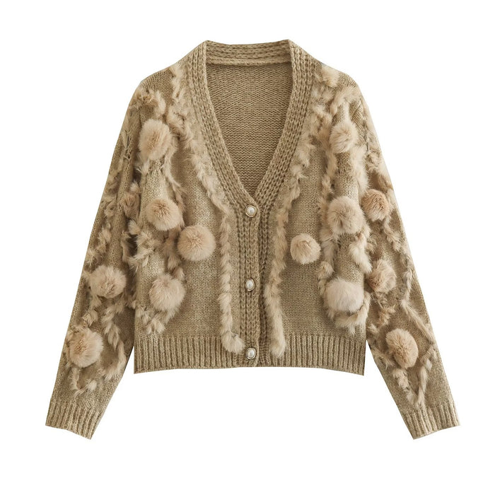 Three Dimensional Fur Ball Mink like Long Sleeved Knitted Cardigan Autumn All Matching V neck Sweater Coat