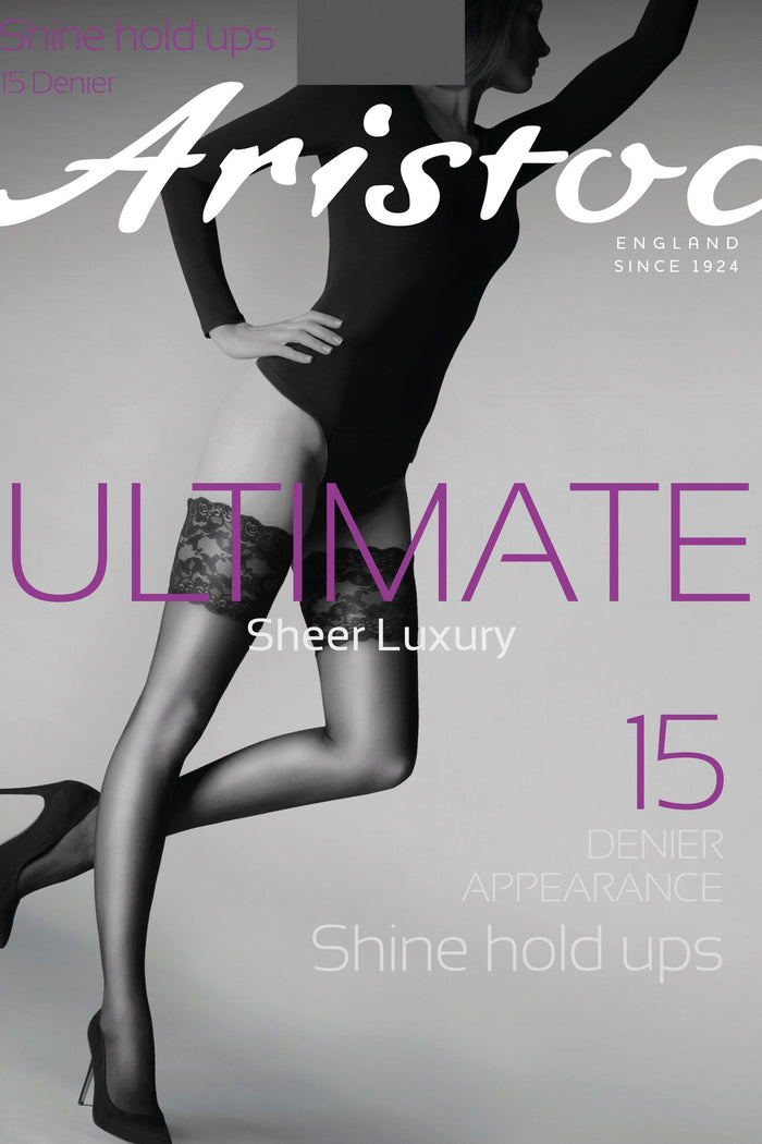 Aristoc sheer hold-ups advertisement with a model wearing them on a gray background.
