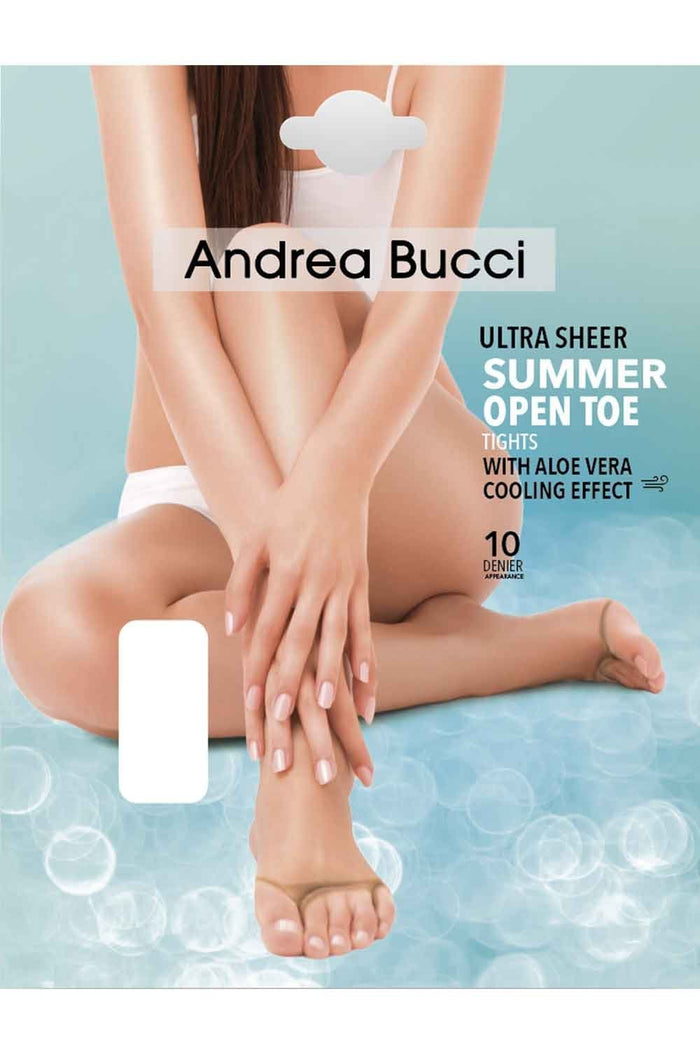 Andrea Bucci ultra sheer summer open toe tights with Aloe Vera cooling effect on a light blue background.