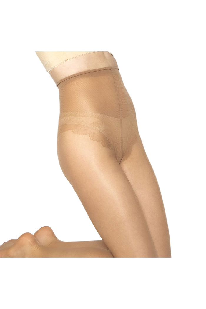Natural tan tights worn by a person on a white background