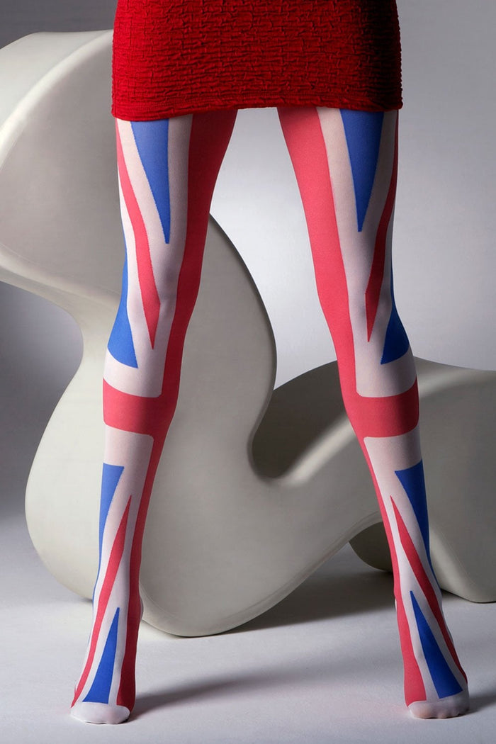 Person wearing Union Jack patterned tights against a neutral background