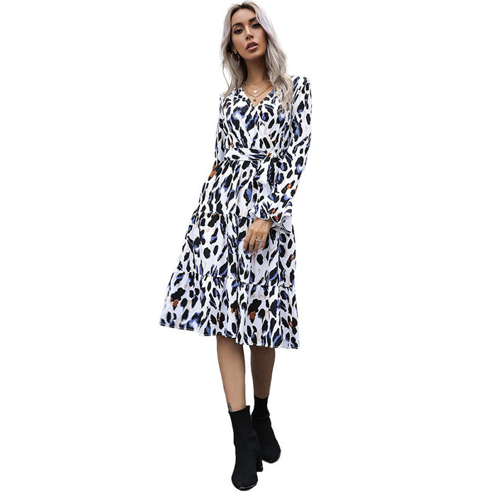 V-neck Lace Up Long Sleeve Dress