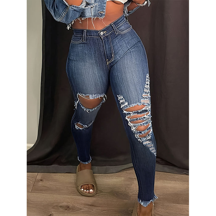 Women Clothing Holes Stretch Jeans Trousers