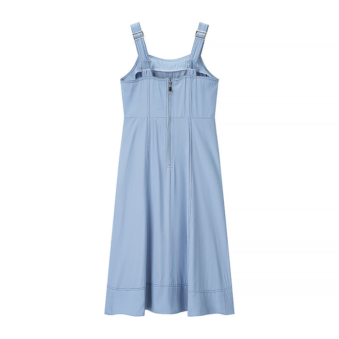 Women Clothing Summer Simple Age Reducing Sling Single Breasted Denim Mid Length Dress
