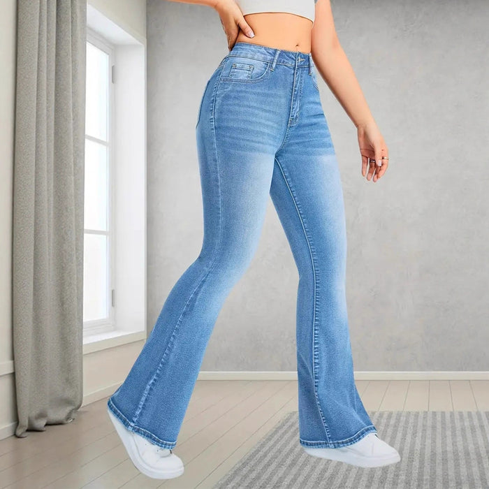 Women Jeans Stretch Multi Craft Pocket Design Loose Flared Pants Slim Fit Light Blue Trousers