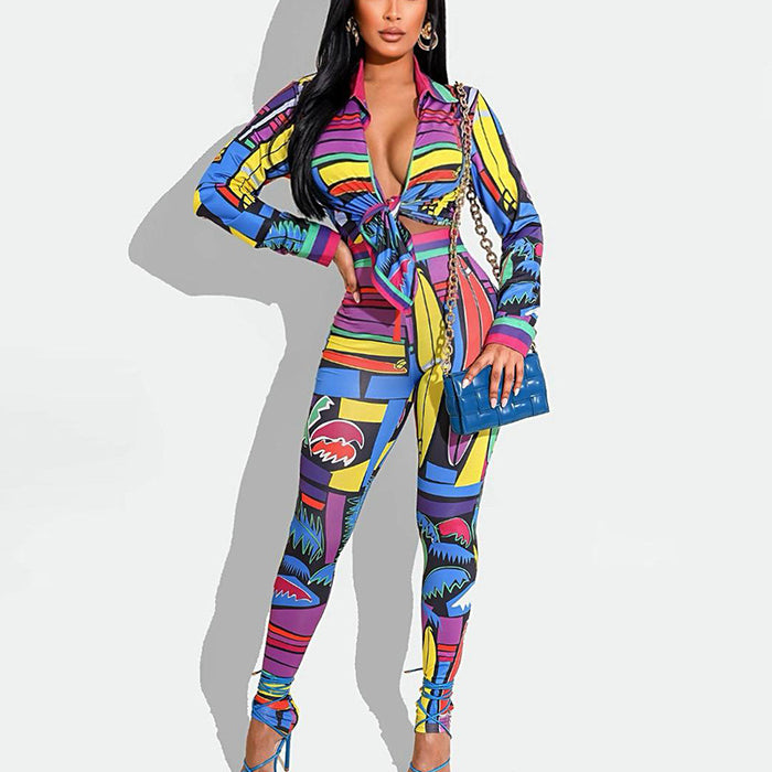 Women Printed Long Sleeved Shirt Tight Trousers Suit Two Piece Set